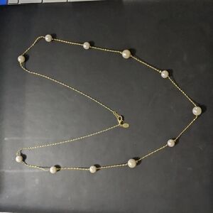 Gold Tone White Faux Pearl Long Chain Statement Necklace